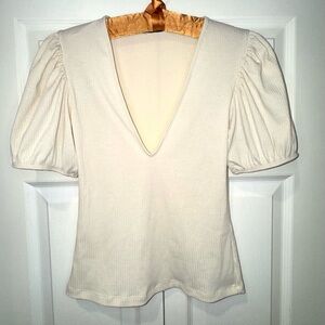 Zara beige/stone puff sleeve ribbed stretch tshirt size S